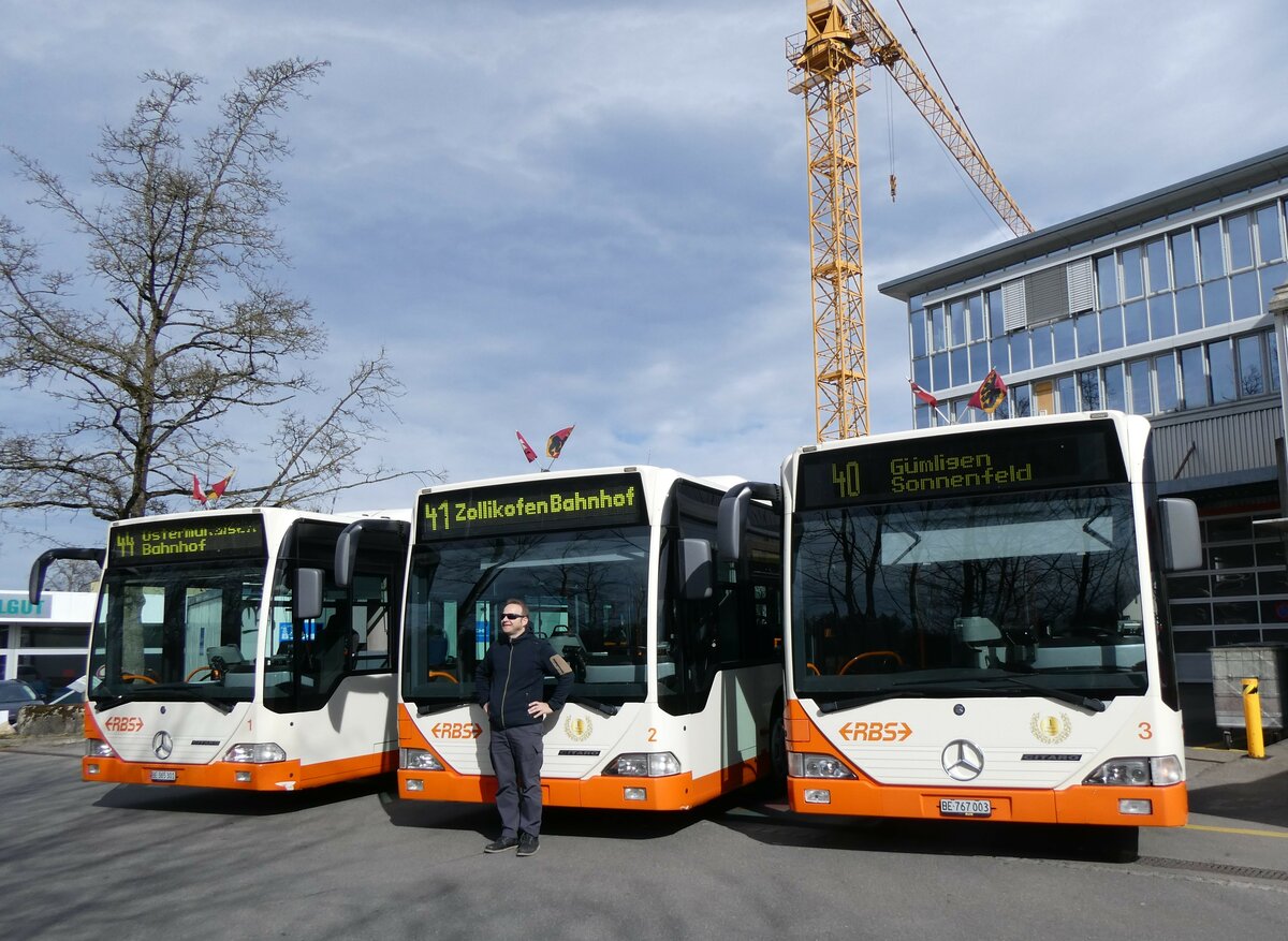 (259'970) - RBS Worblaufen - Nr. 1/BE 365'301 + Nr. 2/BE 366'002 + Nr. 3/BE 767'003 - Mercedes am 3. M�rz 2024 in Worblaufen, Garage
