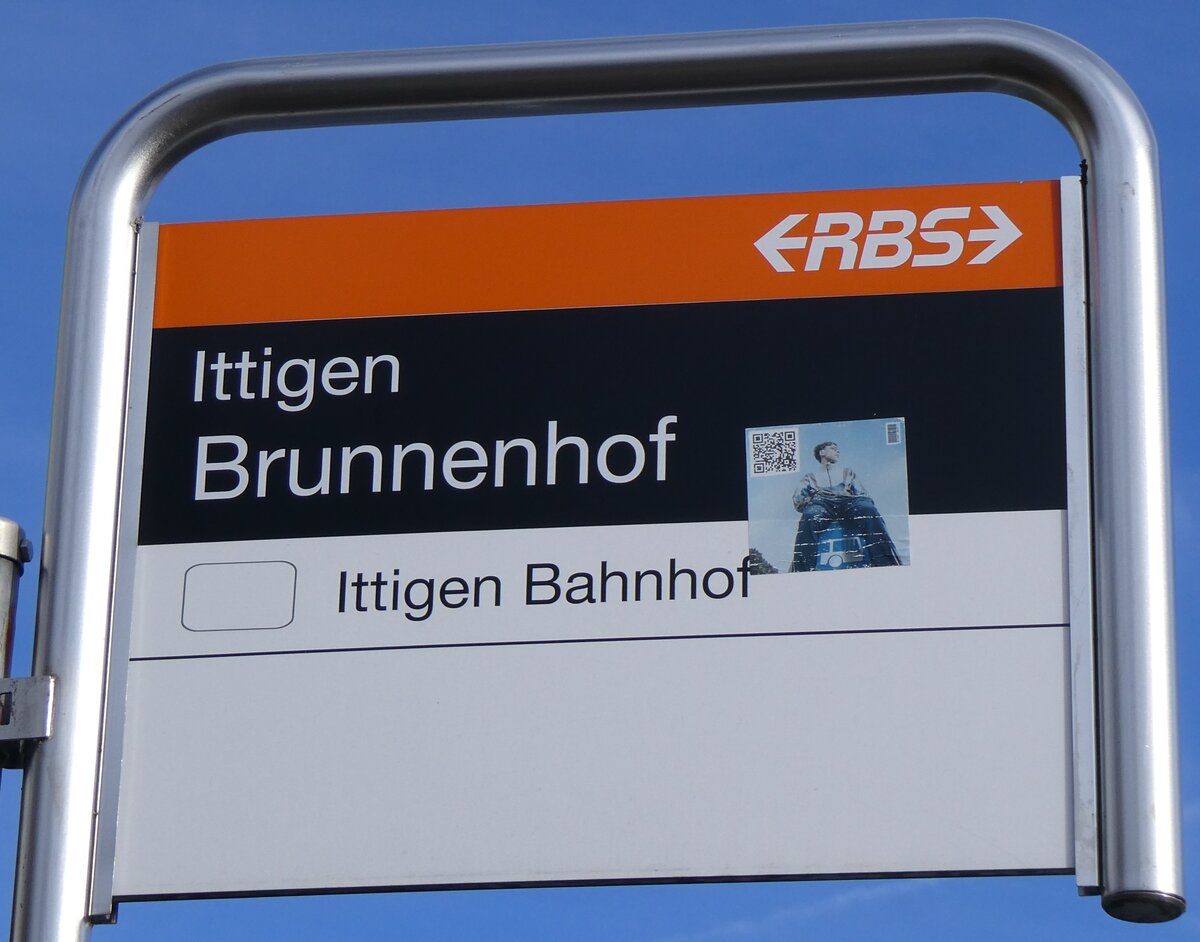 (260'050) - RBS-Haltestellenschild - Ittigen, Brunnenhof - am 3. M�rz 2024