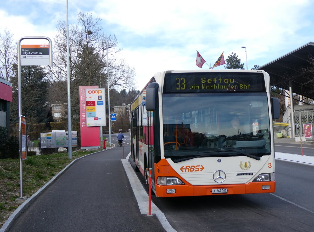 (260'069) - RBS Worblaufen - Nr. 3/BE 767'003 - Mercedes am 3. M�rz 2024 in Ittigen, Talgut-Zentrum