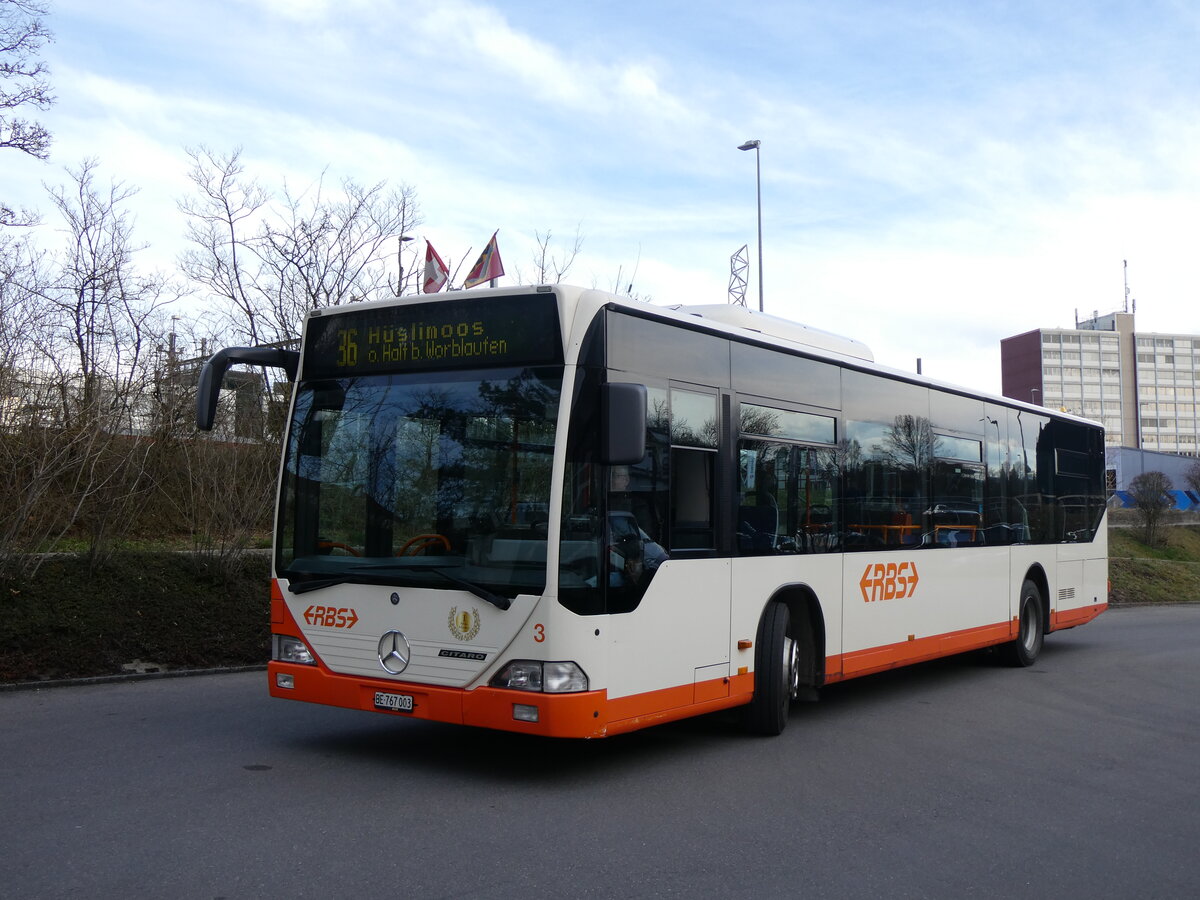 (260'109) - RBS Worblaufen - Nr. 3/BE 767'003 - Mercedes am 3. M�rz 2024 in Worblaufen, Garage (mit Zielanzeige: 36 H�slimoos o. Halt b. Worblaufen)