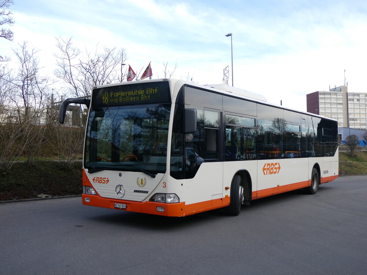 (260'111) - RBS Worblaufen - Nr. 3/BE 767'003 - Mercedes am 3. M�rz 2024 in Worblaufen, Garage (mit Zielanzeige: 48 Papierm�hle Bhf via Bolligen Bhf)