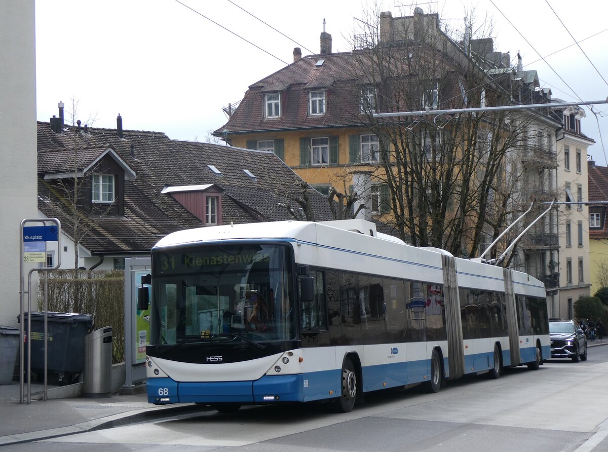 (260'131) - VBZ Z�rich - Nr. 68 - Hess/Hess Doppelgelenktrolleybus am 4. M�rz 2024 in Z�rich, Klusplatz
