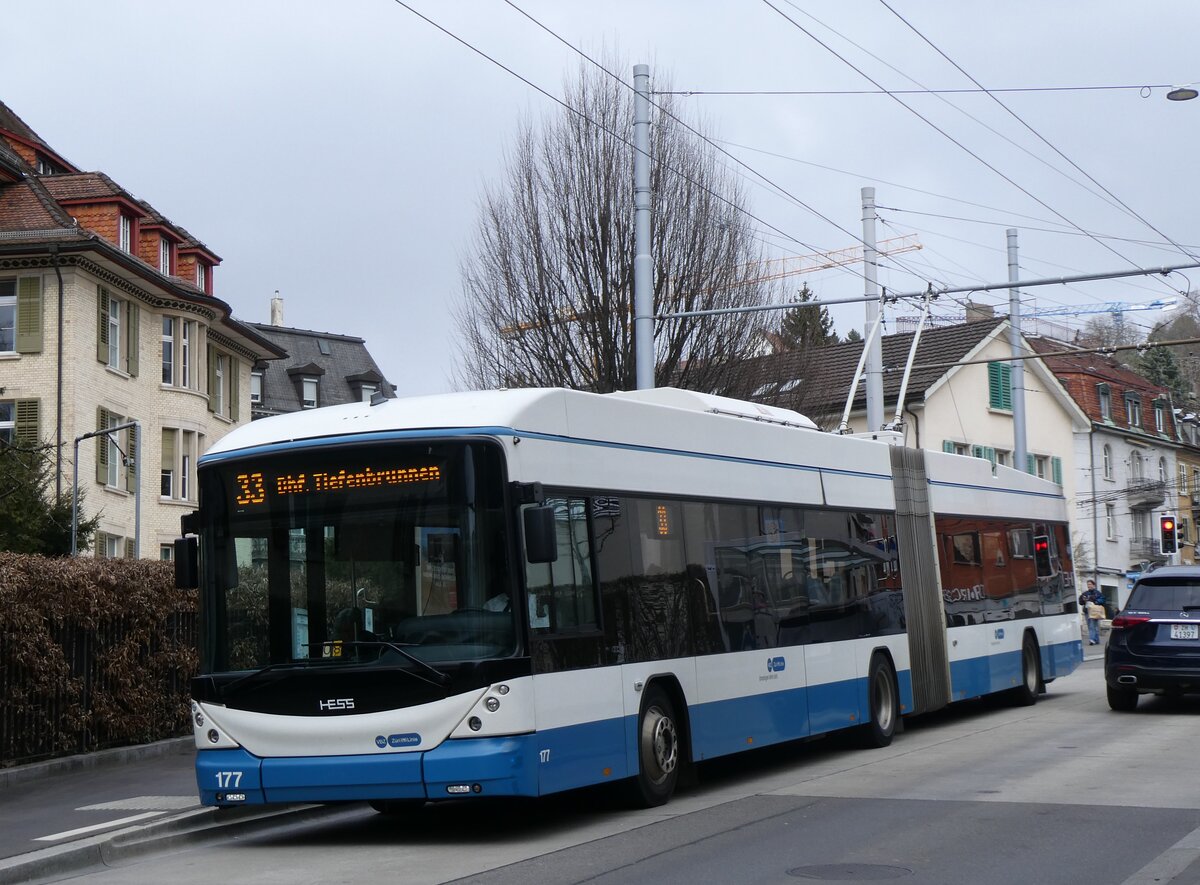 (260'135) - VBZ Z�rich - Nr. 177 - Hess/Hess Gelenktrolleybus am 4. M�rz 2024 in Z�rich, Klusplatz