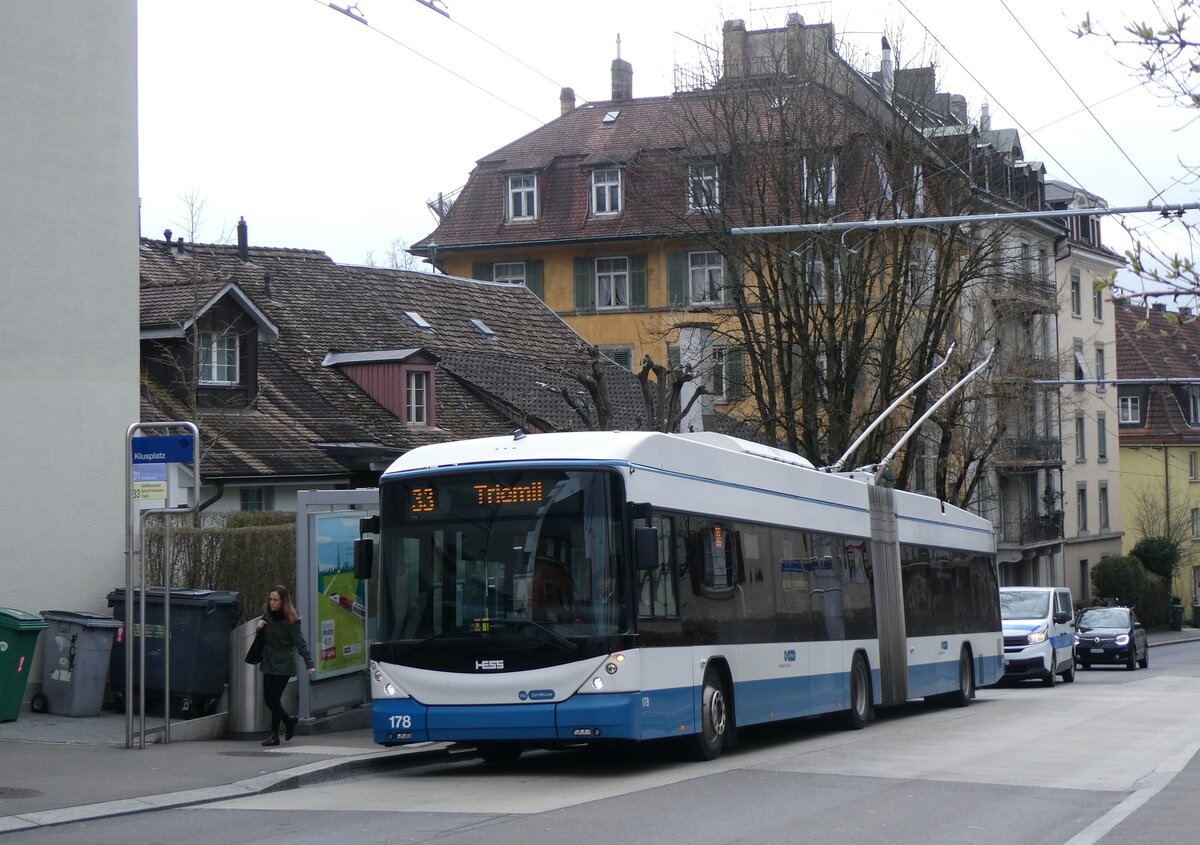 (260'136) - VBZ Z�rich - Nr. 178 - Hess/Hess Gelenktrolleybus am 4. M�rz 2024 in Z�rich, Klusplatz