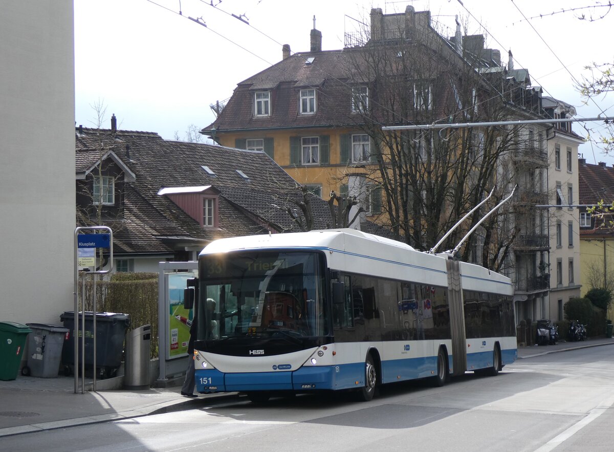 (260'139) - VBZ Z�rich - Nr. 151 - Hess/Hess Gelenktrolleybus am 4. M�rz 2024 in Z�rich, Klusplatz