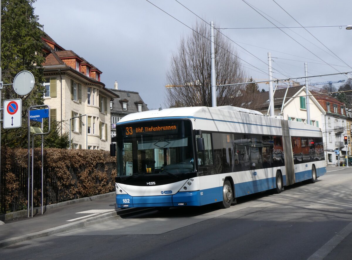 (260'141) - VBZ Z�rich - Nr. 182 - Hess/Hess Gelenktrolleybus am 4. M�rz 2024 in Z�rich, Klusplatz
