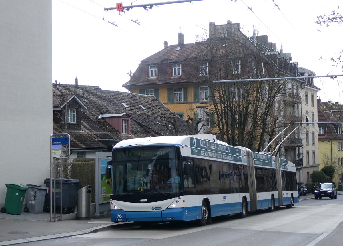 (260'146) - VBZ Z�rich - Nr. 76 - Hess/Hess Doppelgelenktrolleybus am 4. M�rz 2024 in Z�rich, Klusplatz