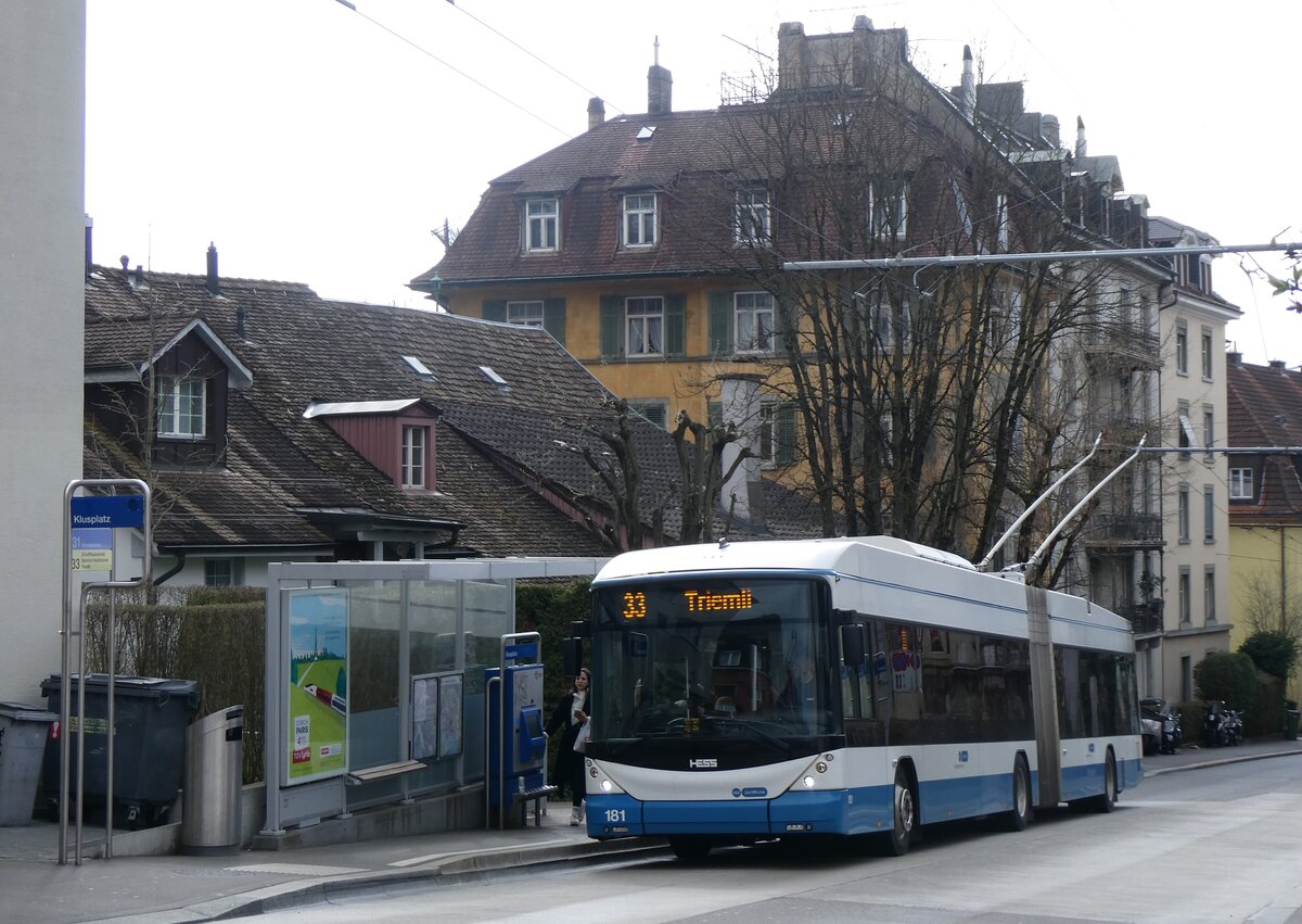 (260'147) - VBZ Z�rich - Nr. 181 - Hess/Hess Gelenktrolleybus am 4. M�rz 2024 in Z�rich, Klusplatz