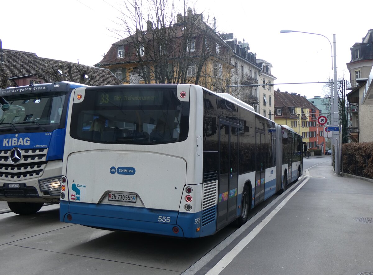 (260'148) - VBZ Z�rich - Nr. 555/ZH 730'555 - Neoplan am 4. M�rz 2024 in Z�rich, Klusplatz
