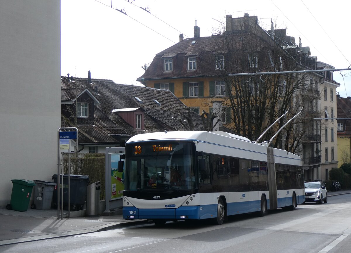 (260'151) - VBZ Z�rich - Nr. 182 - Hess/Hess Gelenktrolleybus am 4. M�rz 2024 in Z�rich, Klusplatz