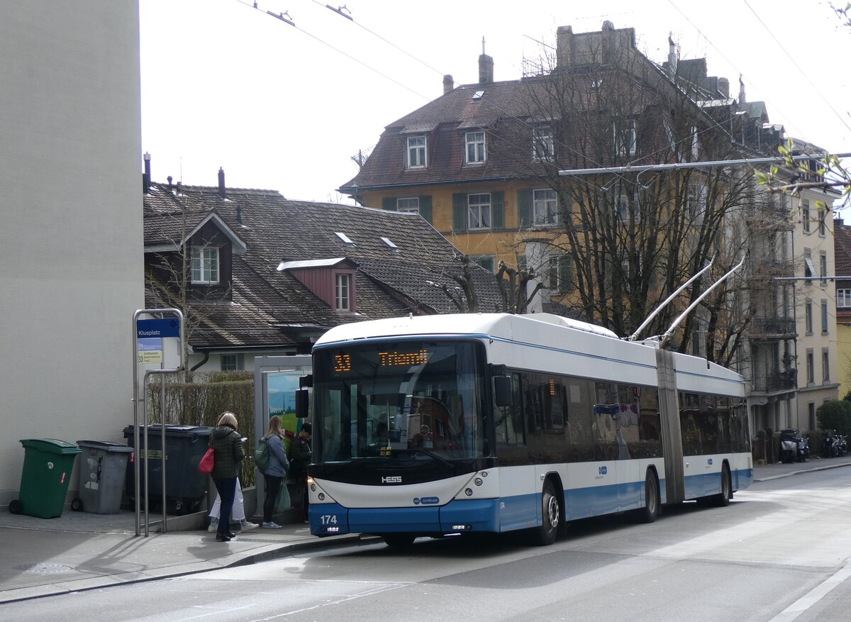 (260'154) - VBZ Z�rich - Nr. 174 - Hess/Hess Gelenktrolleybus am 4. M�rz 2024 in Z�rich, Klusplatz