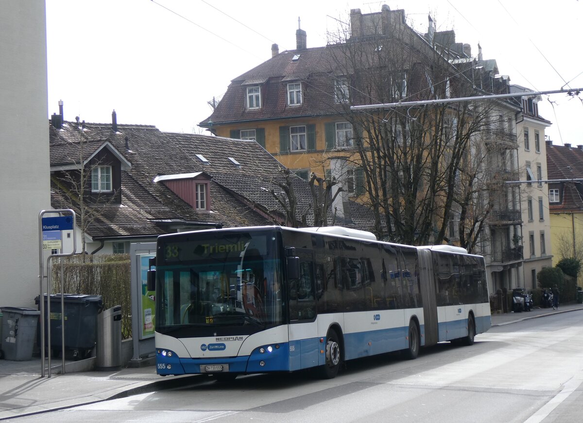(260'156) - VBZ Z�rich - Nr. 555/ZH 730'555 - Neoplan am 4. M�rz 2024 in Z�rich, Klusplatz