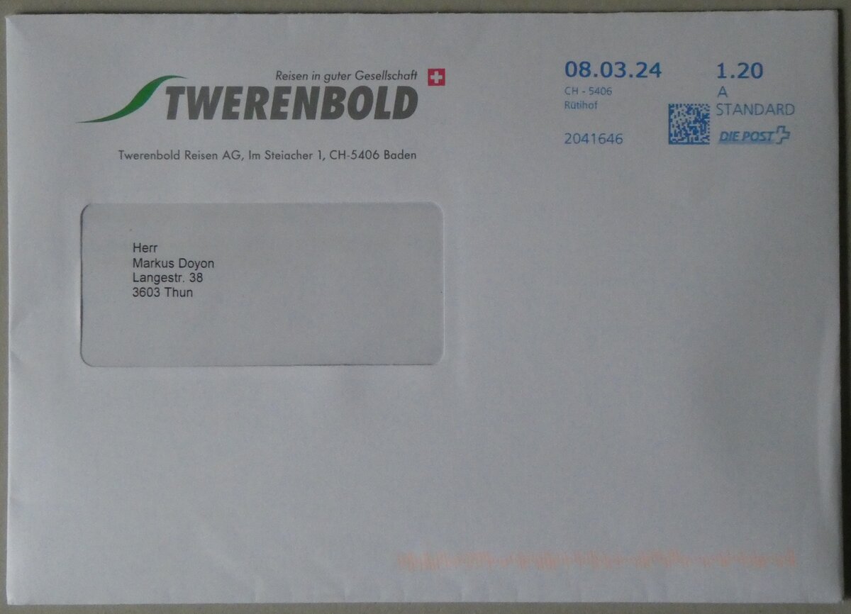(260'238) - Twerenbold-Briefumschlag vom 8. M�rz 2024 am 10. M�rz 2024 in Thun