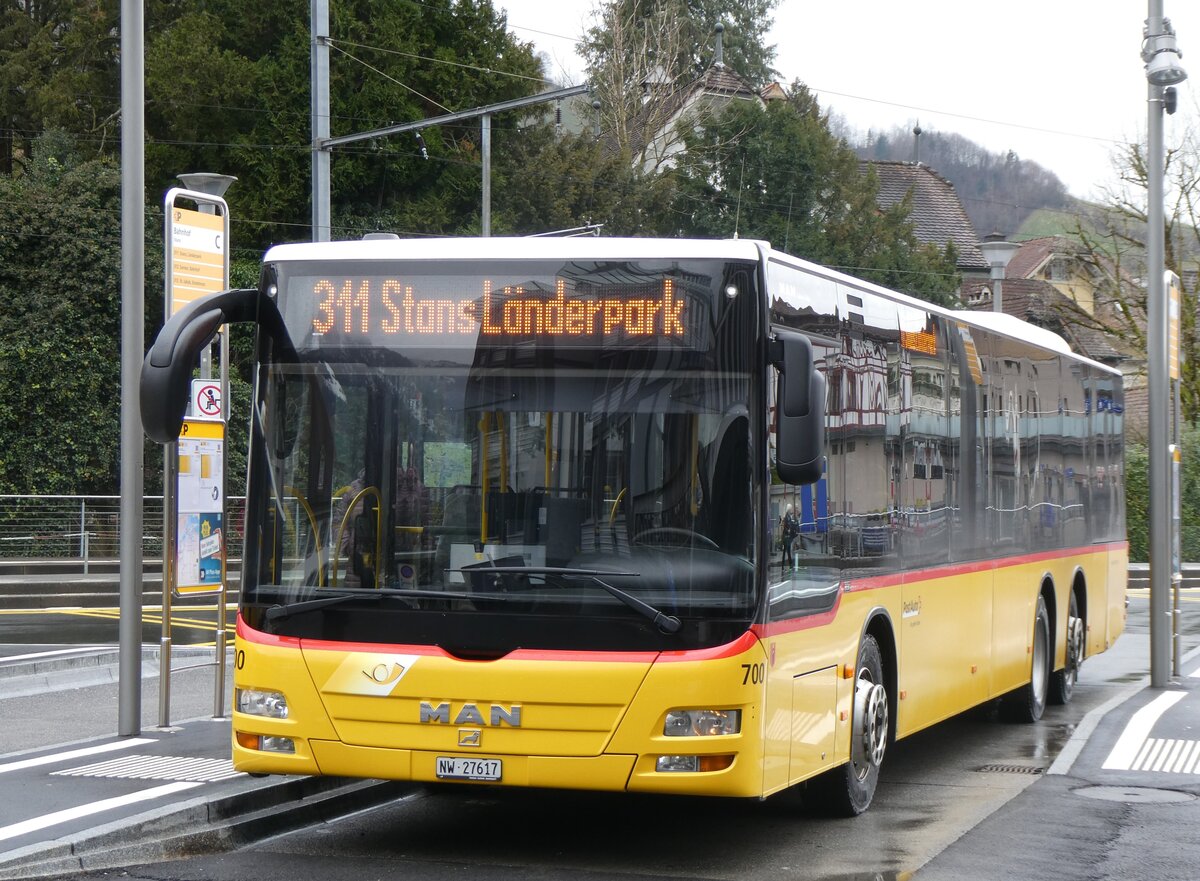 (260'289) - PostAuto Zentralschweiz - Nr. 700/NW 27'617/PID 5569 - MAN (ex Niederer, Filzbach Nr. 12; ex PostAuto Ostschweiz) am 12. M�rz 2024 beim Bahnhof Stans