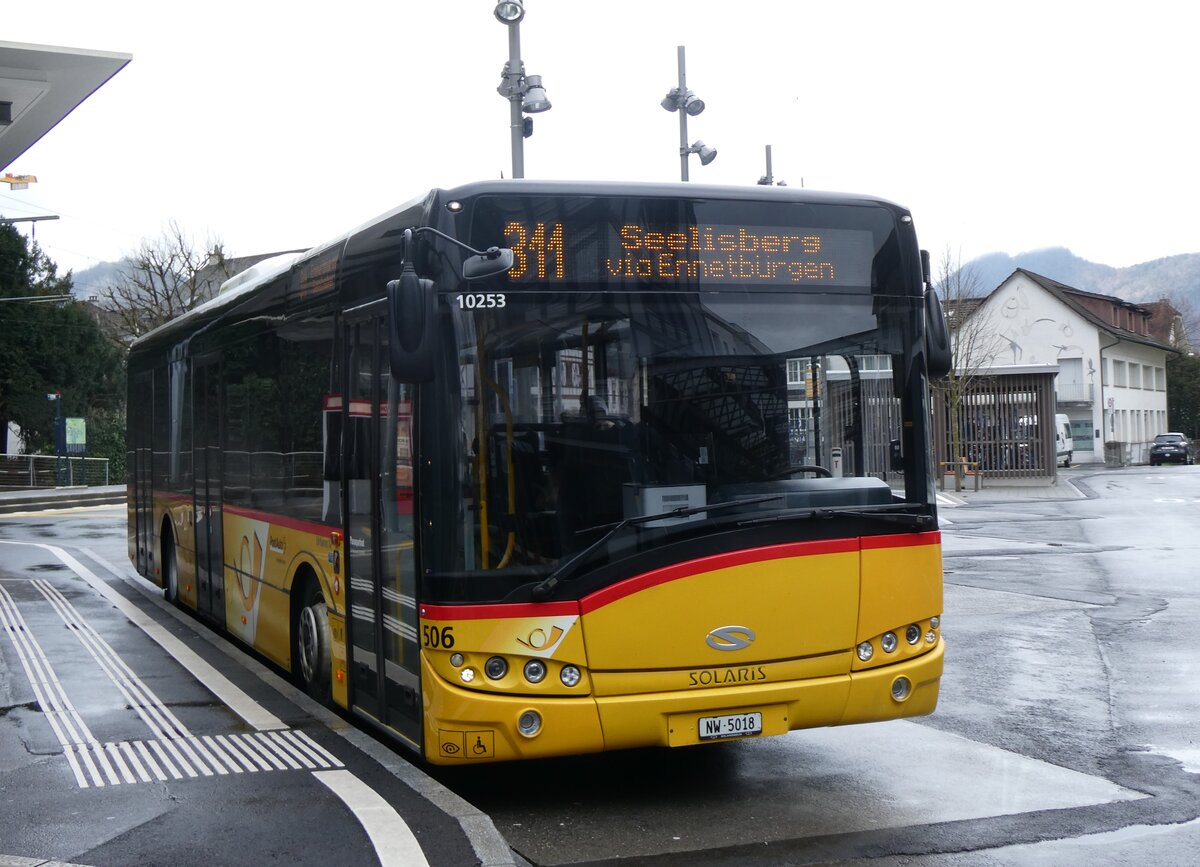 (260'298) - PostAuto Zentralschweiz - Nr. 506/NW 5018/PID 10'253 - Solaris (ex Nr. 56; ex Nr. 26; ex Thepra, Stans Nr. 26) am 12. M�rz 2024 beim Bahnhof Stans