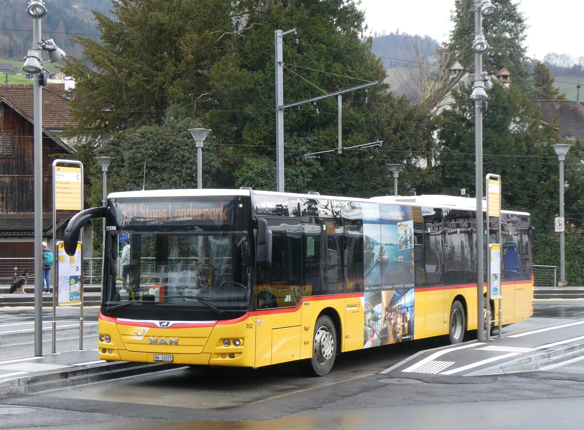 (260'305) - PostAuto Zentralschweiz - Nr. 702/NW 34'070/PID 11'596 - MAN (ex Nr. 72) am 12. M�rz 2024 beim Bahnhof Stans