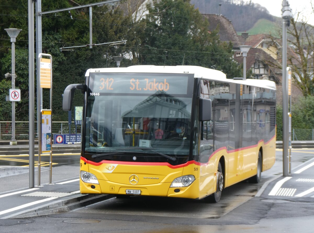 (260'307) - PostAuto Zentralschweiz - Nr. 509/NW 5107/PID 10'846 - Mercedes (ex Nr. 59; ex Nr. 12; ex Thepra, Stans Nr. 12) am 12. M�rz 2024 beim Bahnhof Stans