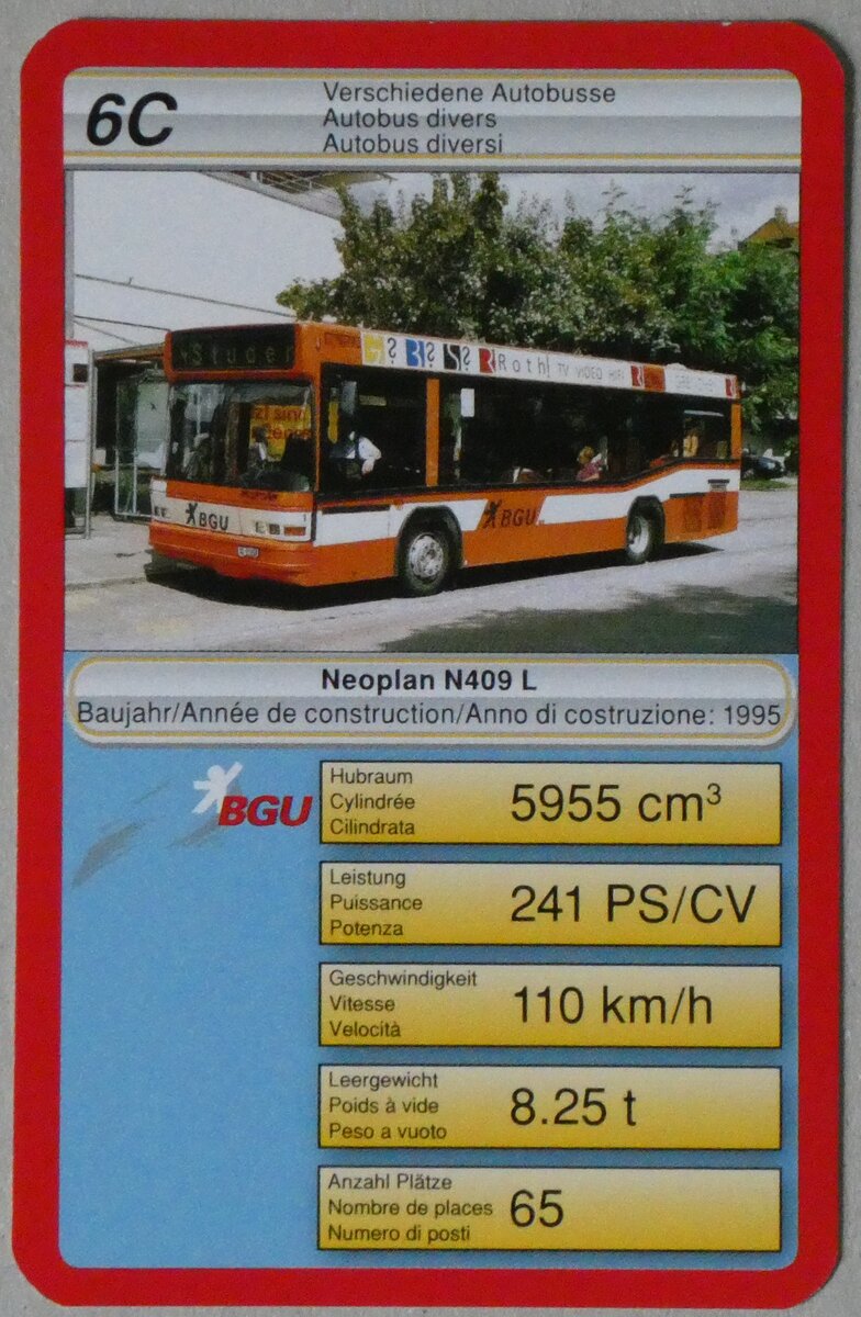 (260'392) - Quartett-Spielkarte mit BGU Neoplan N409 L Nr. 1 am 17. M�rz 2024 in Thun