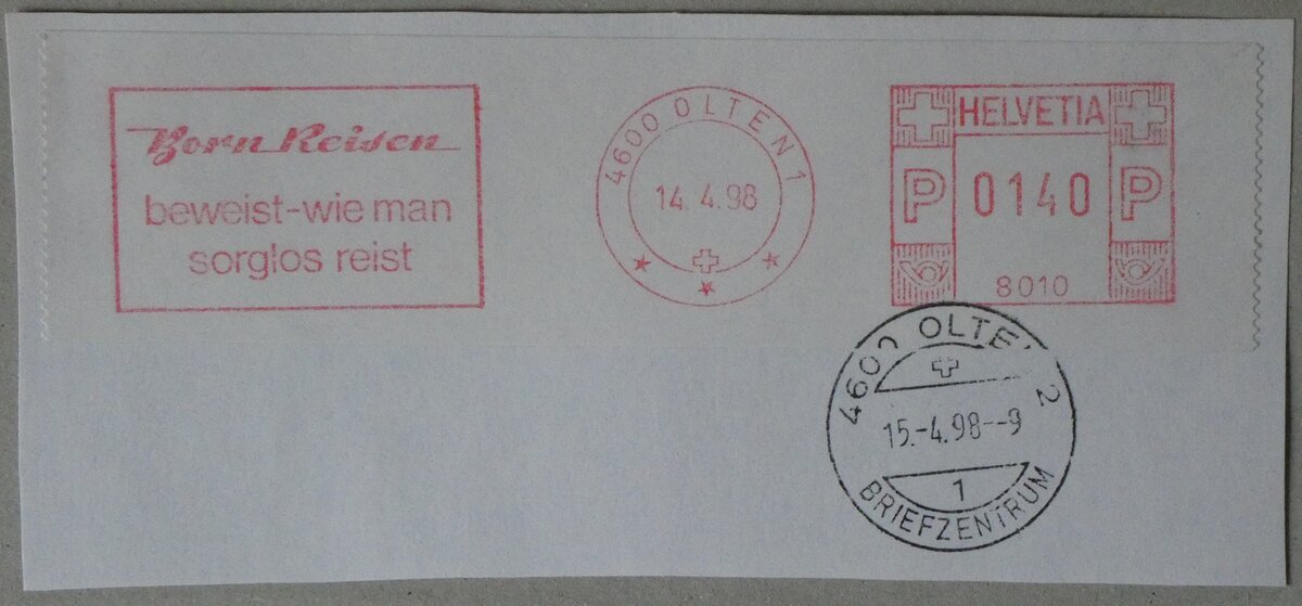 (260'399) - Frankatur mit Born-Werbestempel vom 14. und 15. April 1998 am 17. M�rz 2024 in Thun