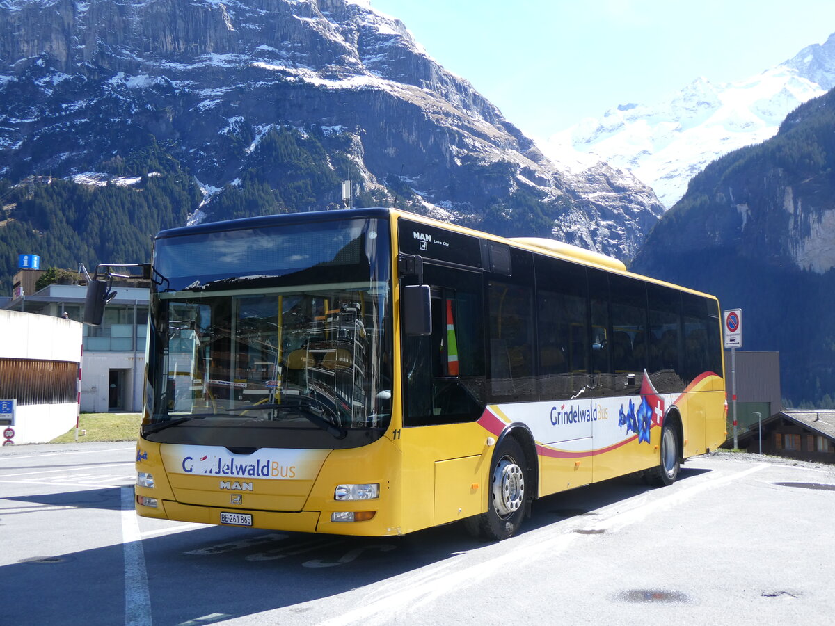 (260'546) - GrindelwaldBus, Grindelwald - Nr. 11/BE 261'865 - MAN/G�ppel am 19. M�rz 2024 beim Bahnhof Grindelwald