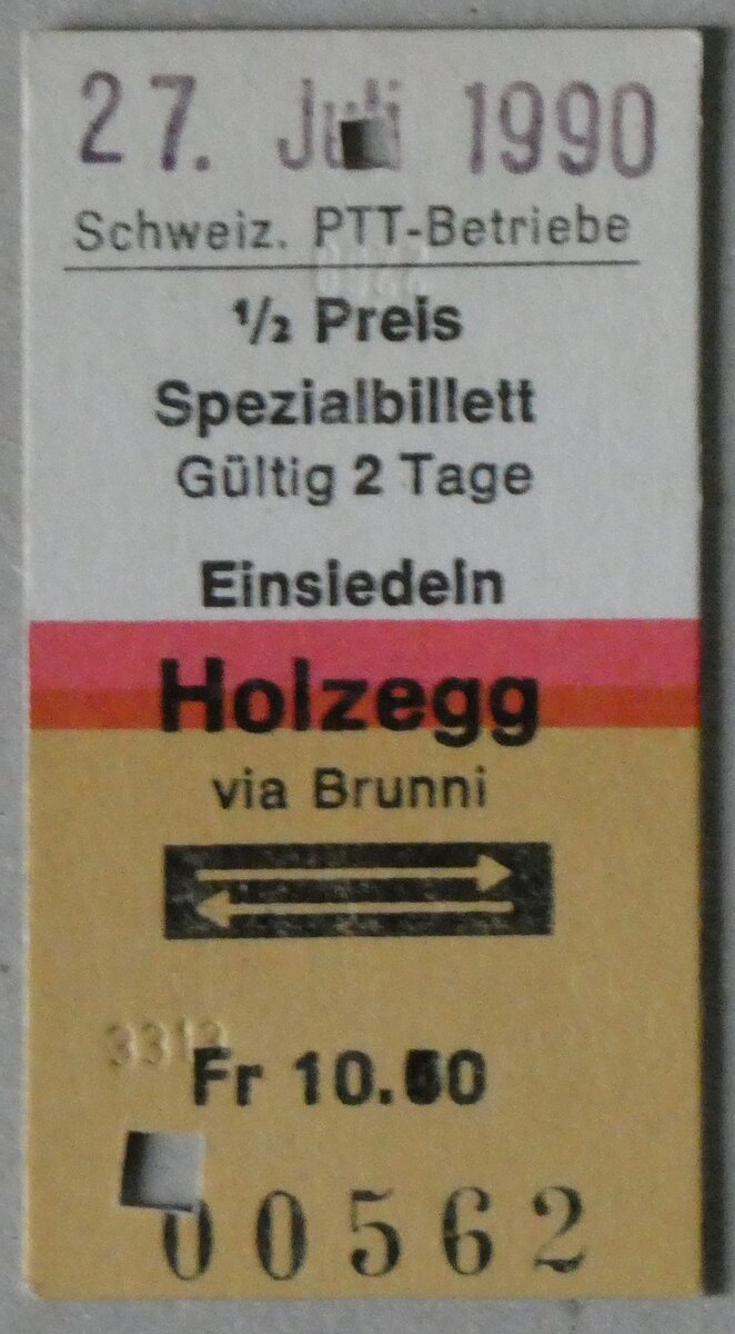(260'639) - PTT-Einzelbillet vom 27. Juli 1990 am 24. M�rz 2024 in Thun