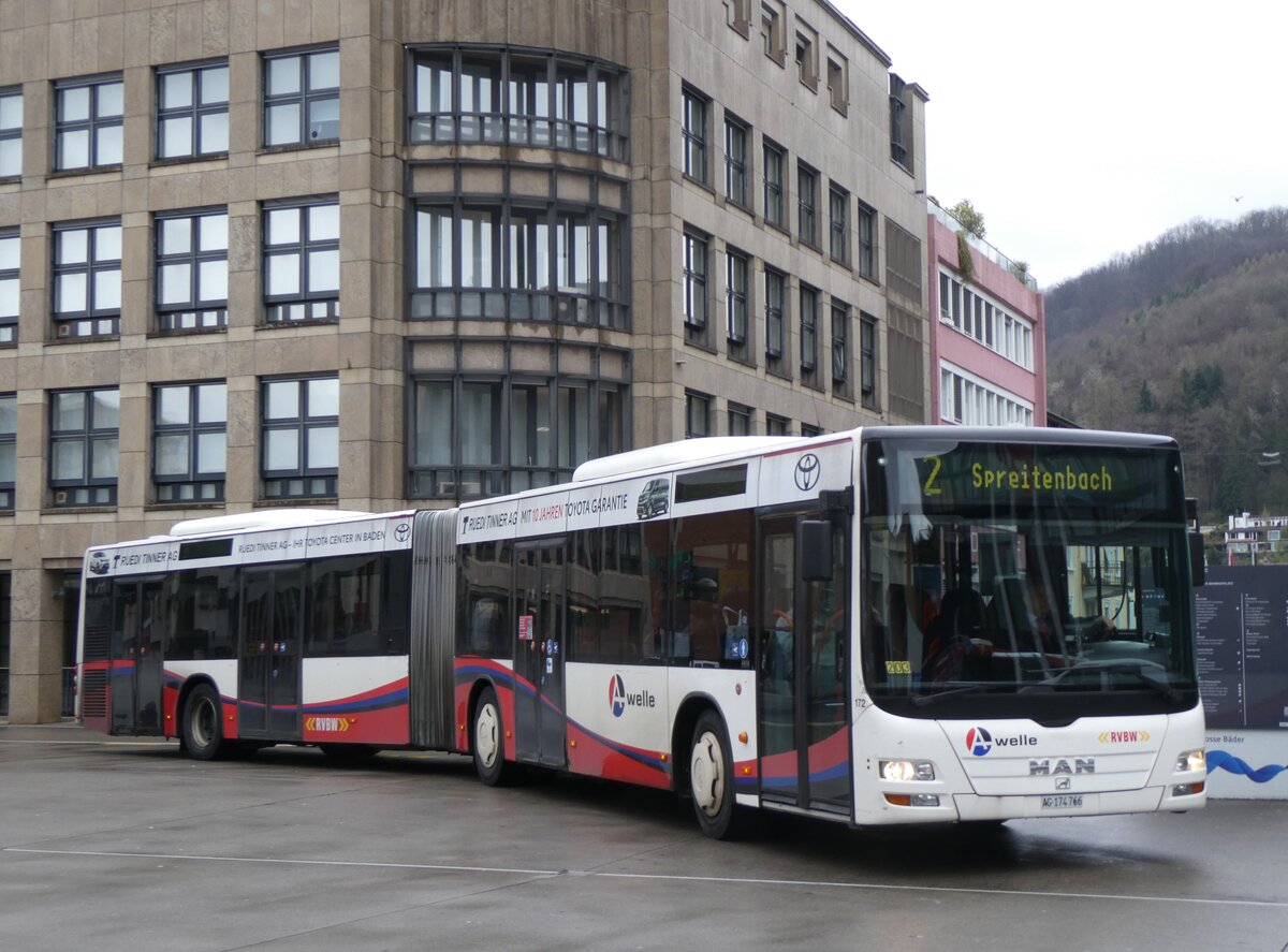 (260'717) - RVBW Wettingen - Nr. 172/AG 174'766 - MAN (ex SBC Chur Nr. 98) am 28. M�rz 2024 beim Bahnhof Baden