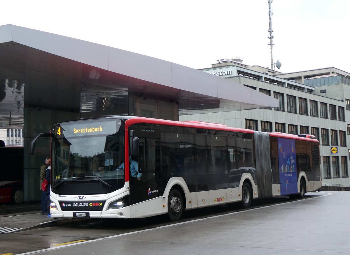(260'719) - RVBW Wettingen - Nr. 176/AG 583'498 - MAN (ex AHW Horgen Nr. 612) am 28. M�rz 2024 beim Bahnhof Baden