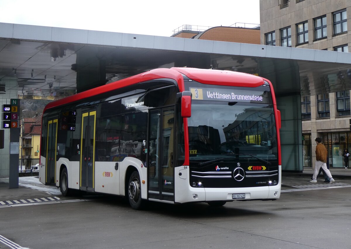 (260'725) - RVBW Wettingen - Nr. 64/AG 362'428 - eMercedes am 28. M�rz 2024 beim Bahnhof Baden