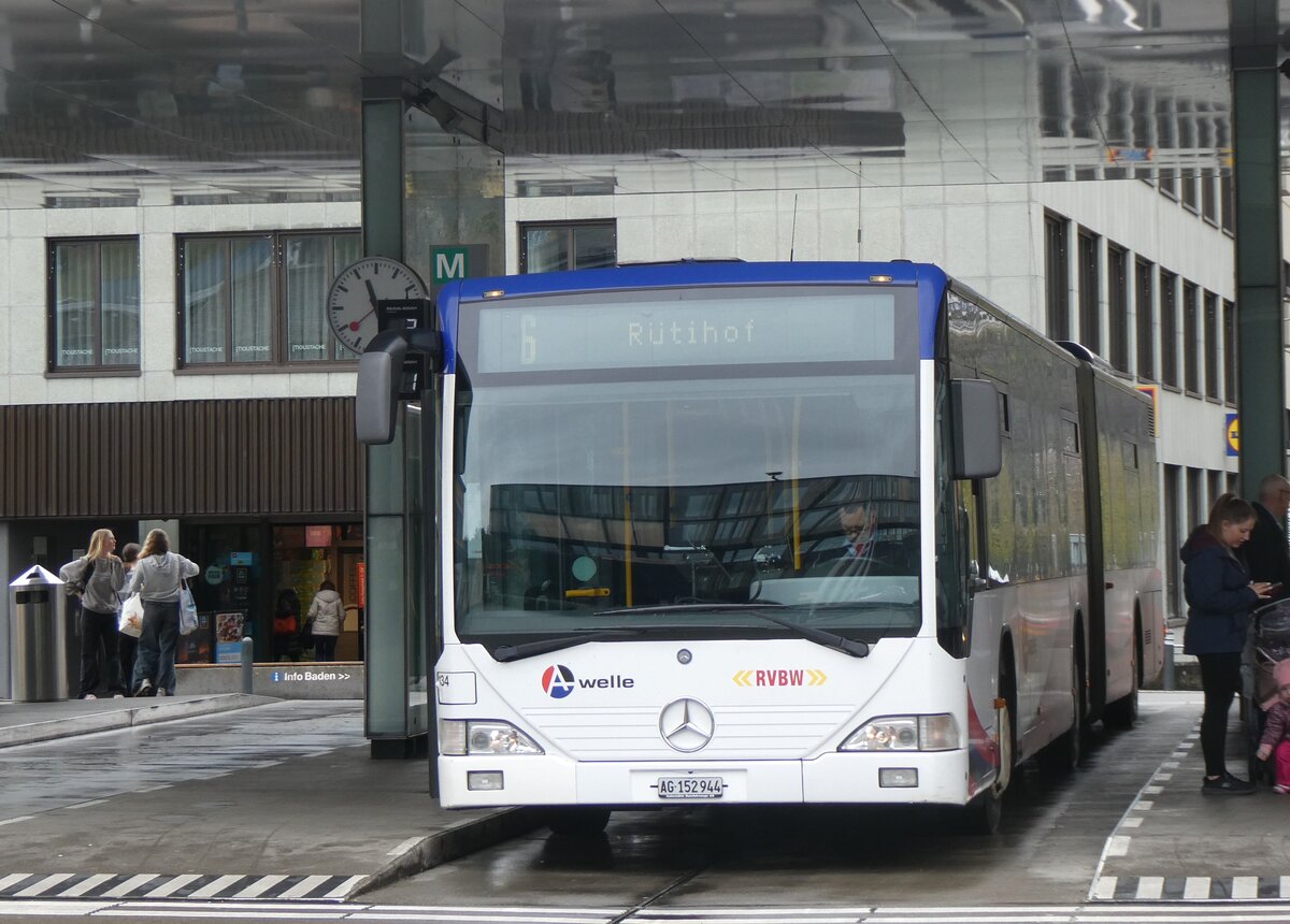 (260'737) - Inderm�hle, Rekingen - Nr. 134/AG 152'944 - Mercedes (ex FART Locarno Nr. 34; ex VZO Gr�ningen Nr. 22) am 28. M�rz 2024 beim Bahnhof Baden
