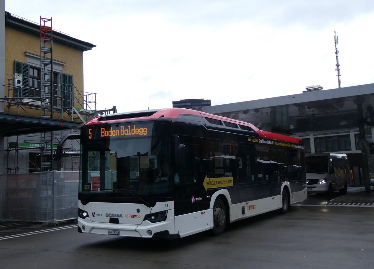 (260'740) - RVBW Wettingen - Nr. 41/AG 479'188 - eScania am 28. M�rz 2024 beim Bahnhof Baden