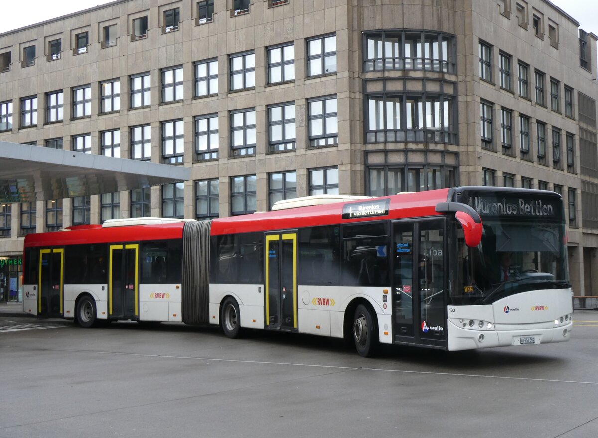 (260'742) - RVBW Wettingen - Nr. 183/AG 554'389 - Solaris (ex AAGR Rothenburg Nr. 4) am 28. M�rz 2024 beim Bahnhof Baden