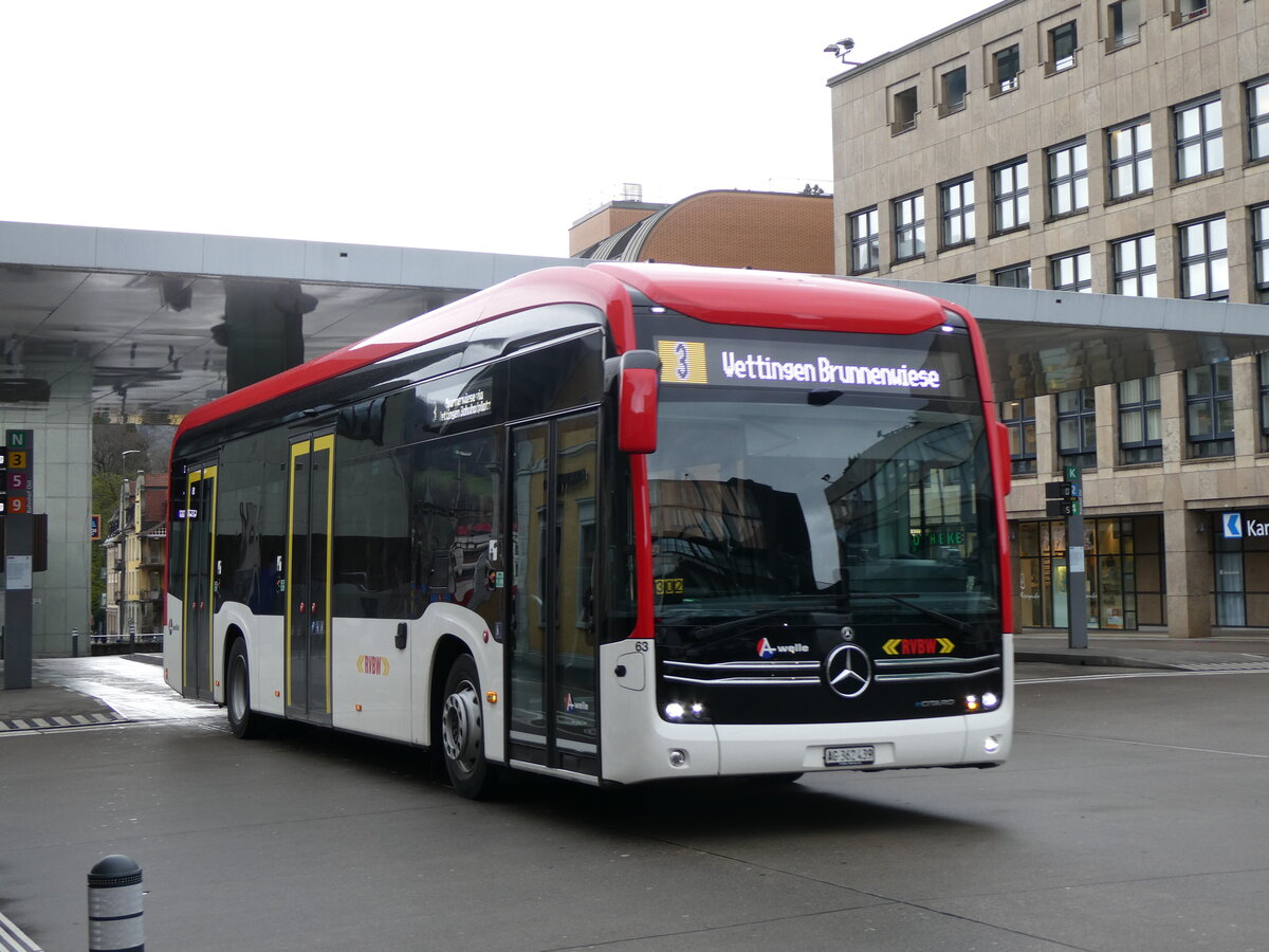 (260'744) - RVBW Wettingen - Nr. 63/AG 362'439 - eMercedes am 28. M�rz 2024 beim Bahnhof Baden