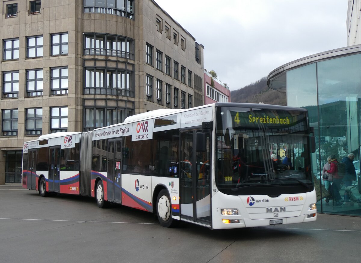 (260'745) - RVBW Wettingen - Nr. 166/AG 60'318 - MAN am 28. M�rz 2024 beim Bahnhof Baden