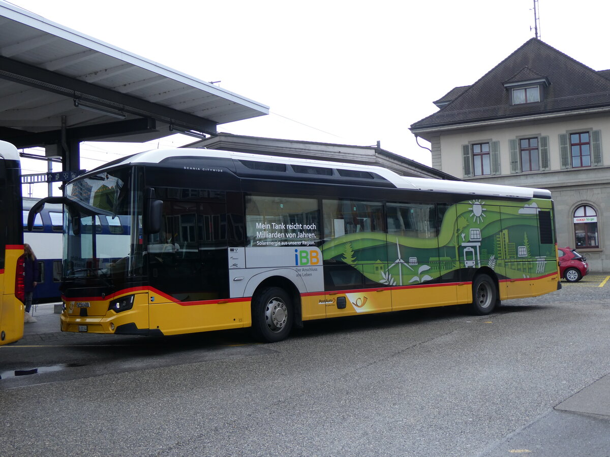 (260'757) - Voegtlin-Meyer, Brugg - AG 381'644/PID 11'611 - eScania am 28. M�rz 2024 beim Bahnhof Brugg