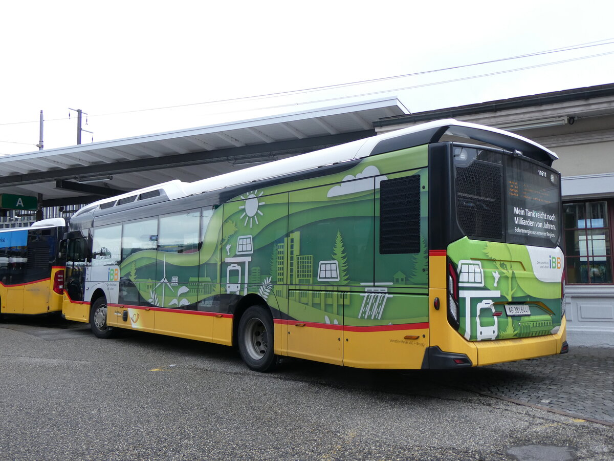 (260'758) - Voegtlin-Meyer, Brugg - AG 381'644/PID 11'611 - eScania am 28. M�rz 2024 beim Bahnhof Brugg