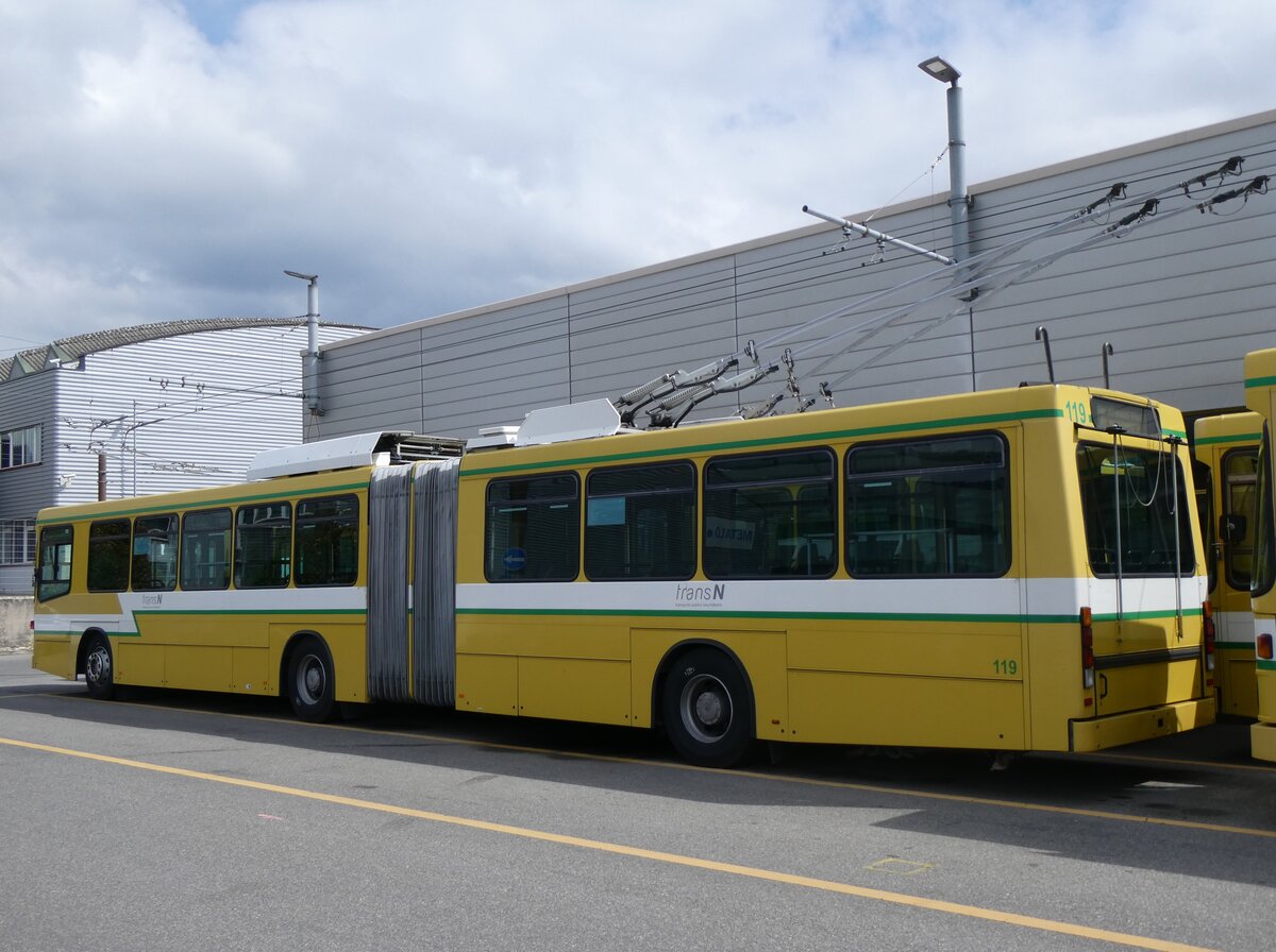(261'661) - transN, La Chaux-de-Fonds - Nr. 119 - NAW/Hess Gelenktrolleybus (ex TN Neuch�tel Nr. 119) am 23. April 2024 in Marin, D�p�t