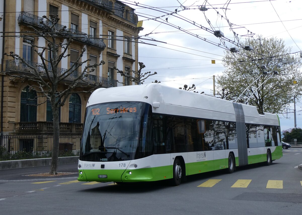 (261'668) - transN, La Chaux-de-Fonds - Nr. 178/NE 209'178 - Hess/Hess Gelenktrolleybus am 23. April 2024 in Neuch�tel, Place Pury 