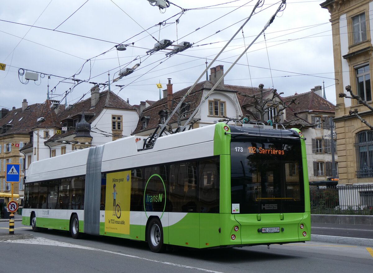 (261'674) - transN, La Chaux-de-Fonds - Nr. 173/NE 209'173 - Hess/Hess Gelenktrolleybus am 23. April 2024 in Neuch�tel, Place Pury