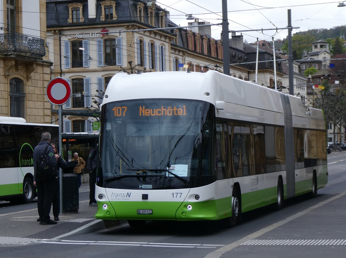 (261'677) - transN, La Chaux-de-Fonds - Nr. 177/NE 209'177 - Hess/Hess Gelenktrolleybus am 23. April 2024 in Neuch�tel, Place Pury