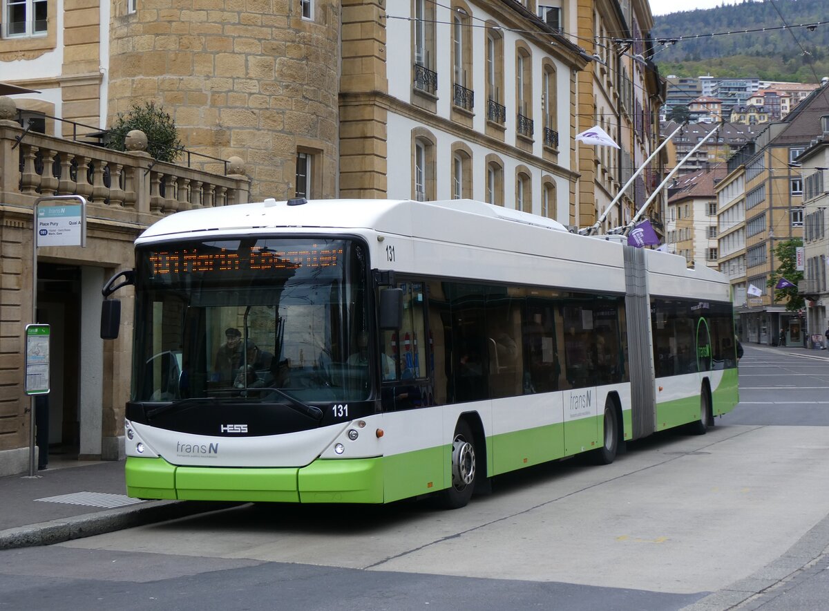 (261'678) - transN, La Chaux-de-Fonds - Nr. 131 - Hess/Hess Gelenktrolleybus (ex TN Neuch�tel Nr. 131) am 23. April 2024 in Neuch�tel, Place Pury
