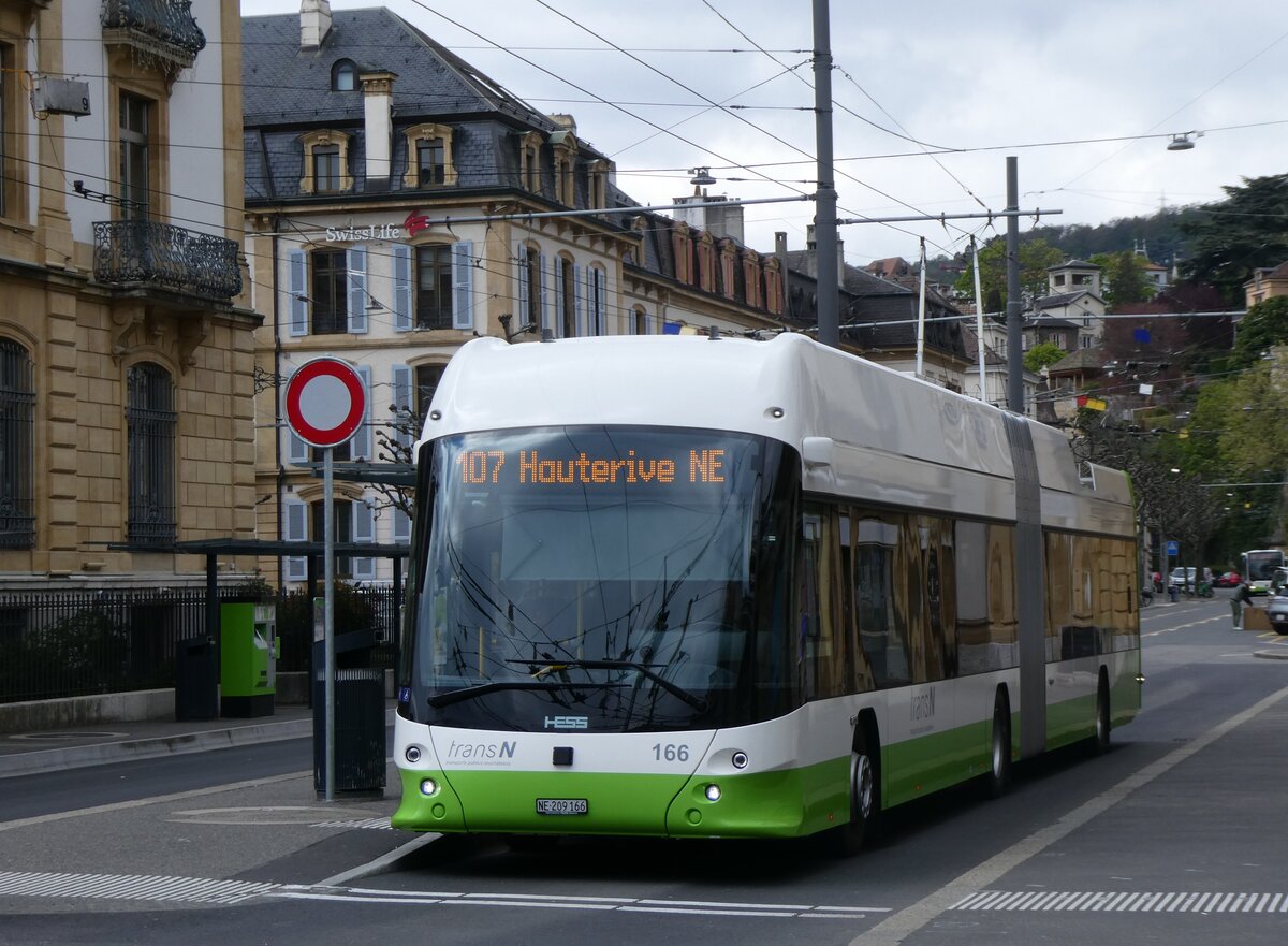 (261'682) - transN, La Chaux-de-Fonds - Nr. 166/NE 209'166 - Hess/Hess Gelenktrolleybus am 23. April 2024 in Neuch�tel, Place Pury