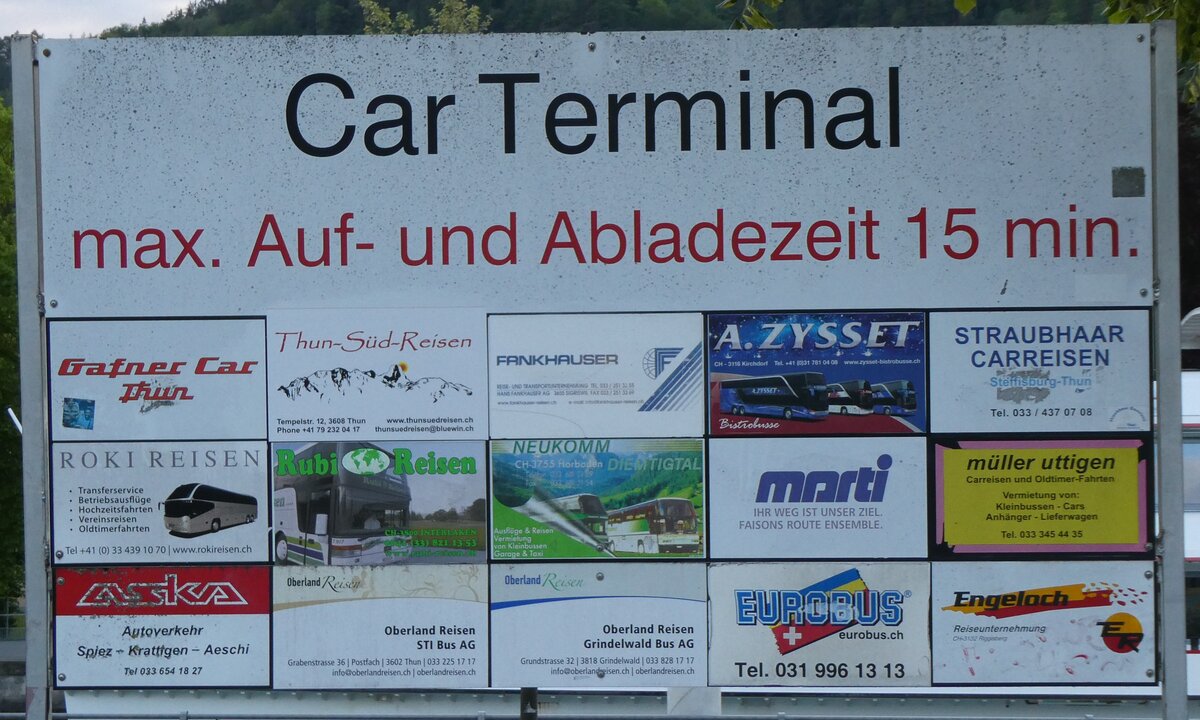 (262'467) - Plakat f�r Gafner Car Thun, Thun-S�d-Reisen, Fankhauser, A. Zysset, Straubhaar Carreisen, Roki Reisen, Rubi Reisen, Neukomm, Marti, M�ller Uttigen, ASKA, Oberland Reisen (STI), Oberland Reisen (GrindelwaldBus), Eurobus und Engeloch am 18. Juni 2024 in Thun, CarTerminal