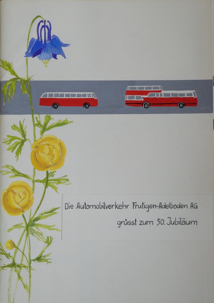 (263'438) - Entwurf zum 50. AFA-Jubil�um 1967 - Die Automobilverkehr Frutigen-Adelboden AG gr�sst zjm 50. Jubil�um - am 7. Juni 2024 in Adelboden, Dorfarchiv