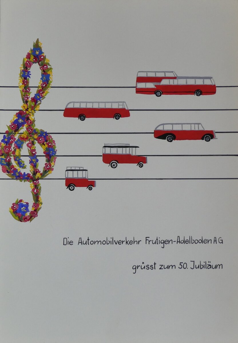 (263'440) - Entwurf zum 50. AFA-Jubil�um 1967 - Die Automobilverkehr Frutigen-Adelboden AG gr�sst zum 50. Jubil�um - am 7. Juni 2024 in Adelboden, Dorfarchiv