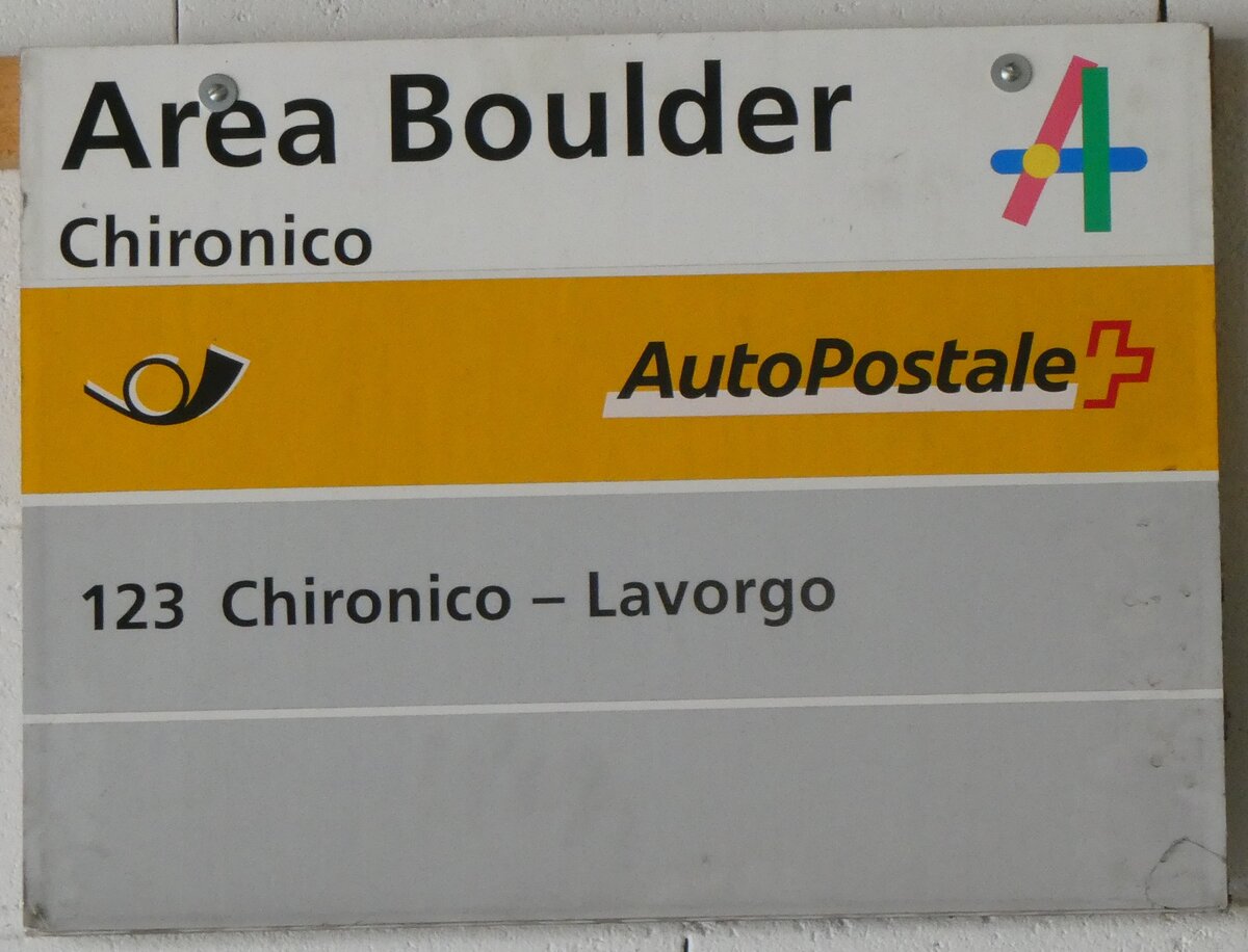 (263'536) - PostAuto-Haltestellenschild - Chironico, Area Boulder - am 9. Juni 2024 in Faido, Garage Barenco