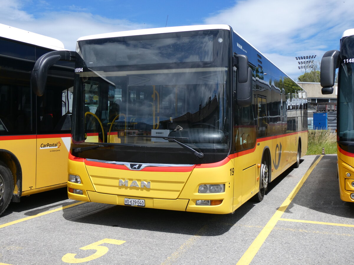 (263'746) - CarPostal Ouest - Nr. 19/VD 639'040/PID 10'094 - MAN (ex MOB Montreux Nr. 19; ex D�nser, Trimmis) am 16. Juni 2024 in Yverdon, Garage