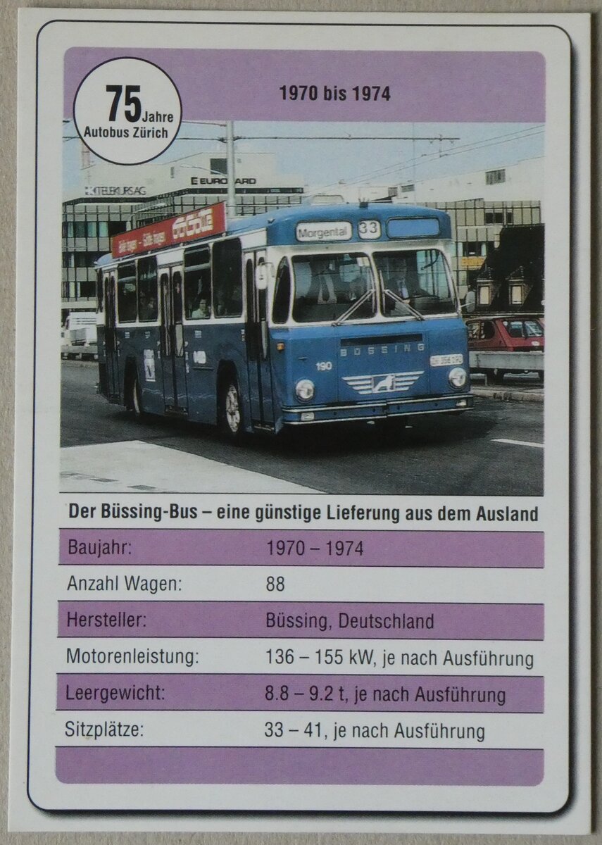 (264'214) - Karte mir 75 Jahre Autobus Z�rich mit VBZ-B�ssing Nr. 190 am 30. Juni in Thun