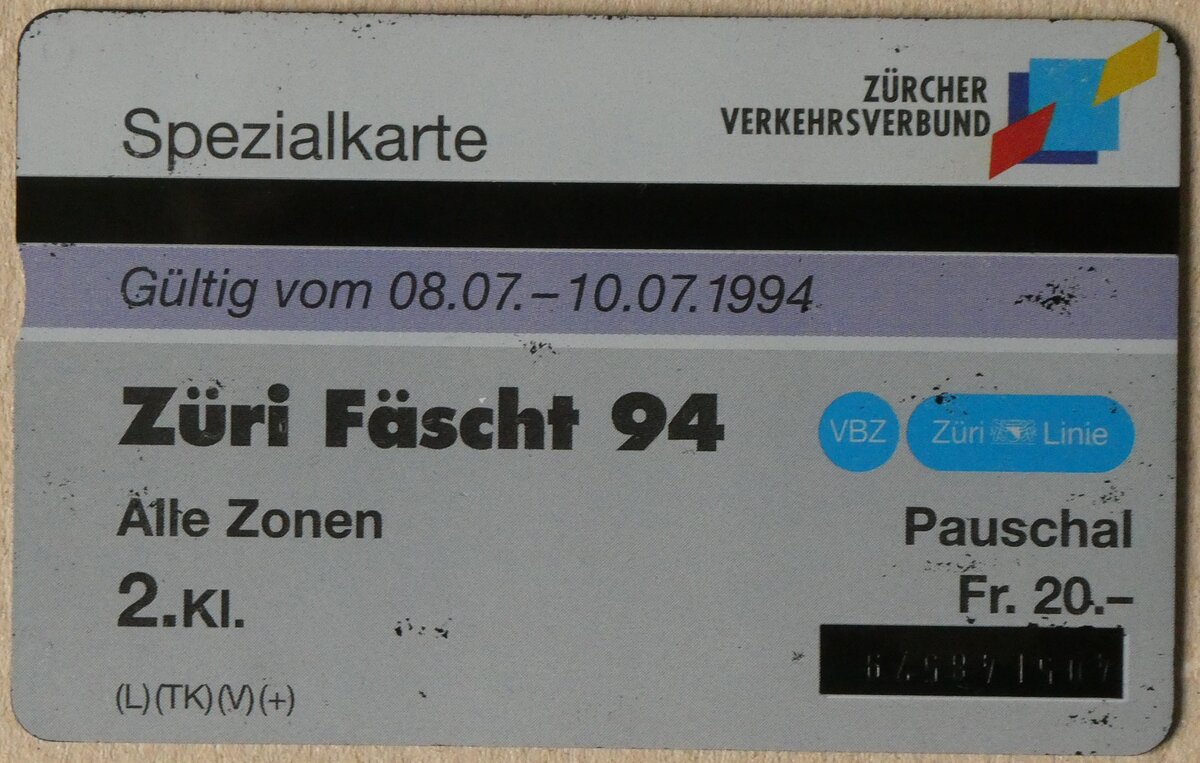 (264'221) - Taxcard - 5.- Z�ri F�scht 1994 Pauschal Fr. 20.- - am 30. Juni 2024 in Thun (R�ckseite)
