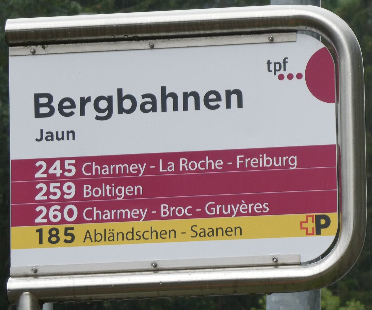 (264'359) - tpf/+P-Haltestellenschild - Jaun, Bergbahnen - am 6. Juli 2024