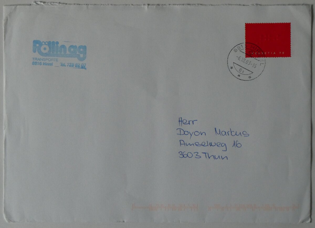 (265'233) - R�llin-Briefumschlag vom 6. Oktober 2003 am 29. Juli 2024 in Thun